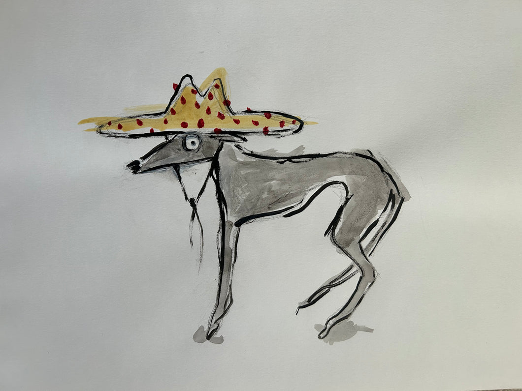 Greyhound In Hat - Signed Print