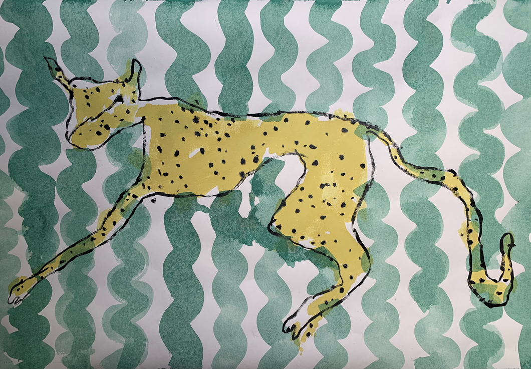 Leopard On Green Stripes - Signed Print