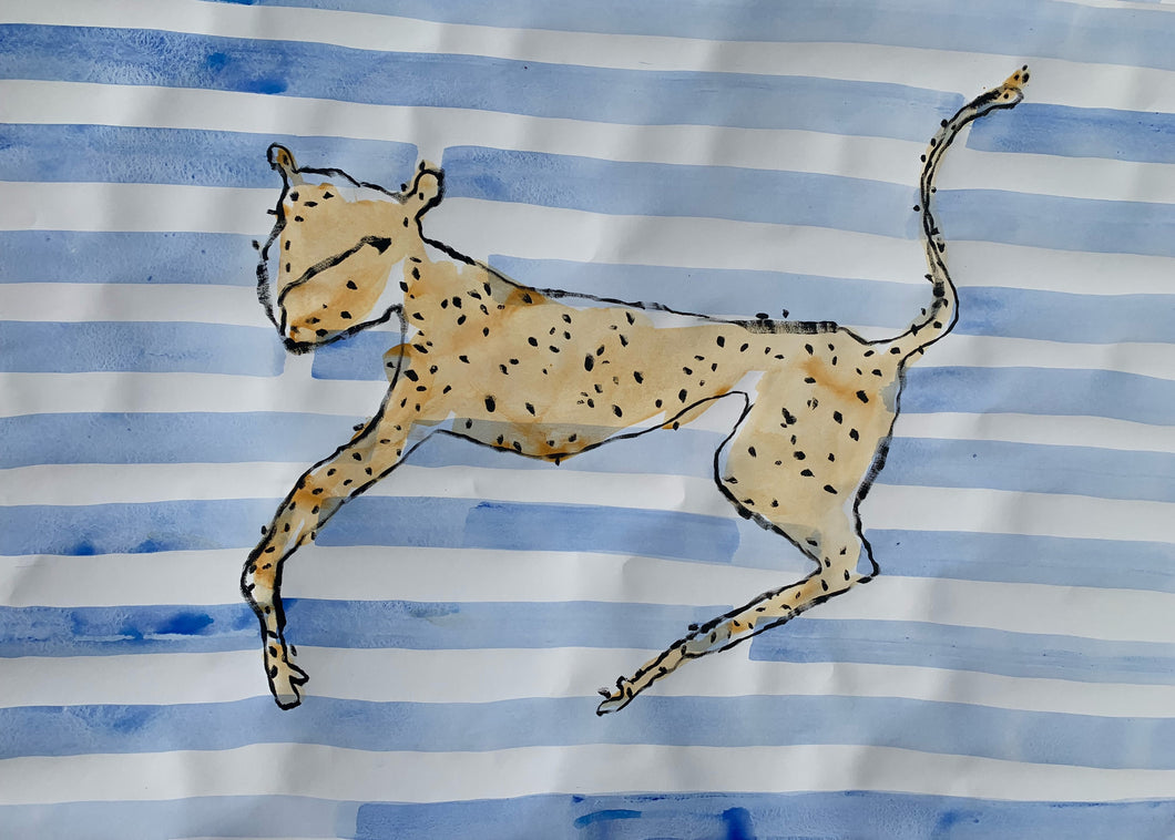 Leopard On Blue Stripes - Original